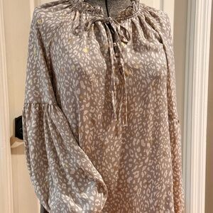 Blu Pepper Taupe and Gold Animal-Print Tie-Neck Blouse